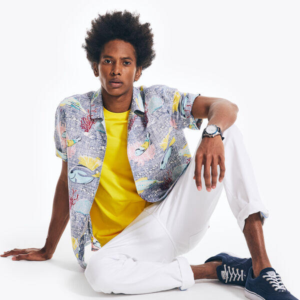 PRINTED SHORT-SLEEVE CAMP SHIRT - Pure Adriatic Sea Wash